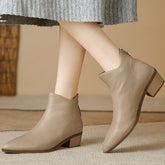 时尚尖头粗跟短靴女薄款低靴2024秋冬新款女靴简约通勤小皮靴现货