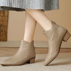 时尚尖头粗跟短靴女薄款低靴2024秋冬新款女靴简约通勤小皮靴现货