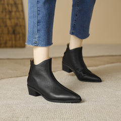 时尚尖头粗跟短靴女薄款低靴2024秋冬新款女靴简约通勤小皮靴现货
