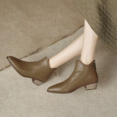 时尚尖头粗跟短靴女薄款低靴2024秋冬新款女靴简约通勤小皮靴现货