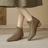 时尚尖头粗跟短靴女薄款低靴2024秋冬新款女靴简约通勤小皮靴现货