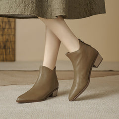 时尚尖头粗跟短靴女薄款低靴2024秋冬新款女靴简约通勤小皮靴现货